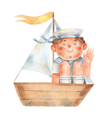 Little boy sitting on a ship and waving hand. Cute children watercolor illustration isolated on white background. Child travels in boat