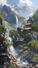 Peaceful mountain monastery with waterfalls