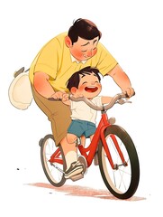 Father's Day Happy Poster Design Illustration Material Background, Father Accompanying Children on Bicycle Playing
