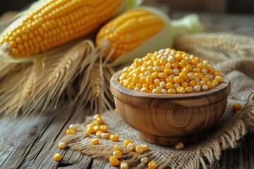 Bowl of raw corn kernels with ears of corn and wheat on a burlap cloth