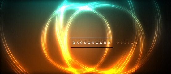 Neon glowing circle rays, light round lines in the dark, planet style neon wave lines. Energetic electric concept design for wallpaper, banner, background