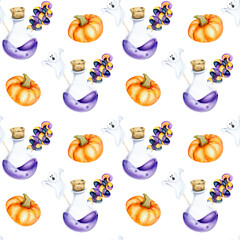 Happy Halloween seamless pattern with pumpkins, violet magic bottle and candy. Watercolor background for october kid's party ,wrapping paper, stationery design. Scary celebration.