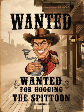A wanted poster featuring a cowboy holding a spittoon. Text reads: "Wanted for hogging the spittoon." The design includes rustic elements, an old west theme, and background of saloon and dusty street.