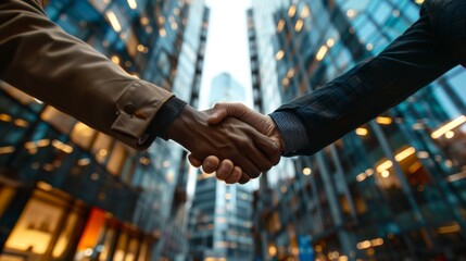 A photo of two business people shaking hands in front of an office building