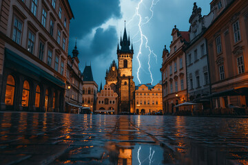 Naklejka premium Dramatic Lightning Strike Near Historic Clock Tower