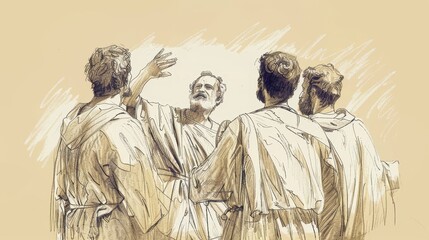 Fototapeta premium Biblical Illustration of Apostle James the Greater Baptizing New Converts, Spreading Gospel with Zeal on Beige Background with Copyspace