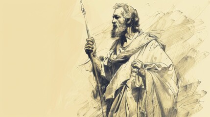 Biblical Illustration of Apostle James the Less Leading Early Christian Community with Wisdom and Strength on Beige Background with Copyspace