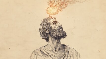 Fototapeta premium Biblical Illustration of Apostle Jude Thaddeus with Flame Above Head, Symbolizing Holy Spirit on Beige Background with Copyspace