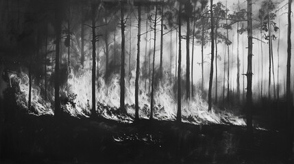 Obraz premium Realistic Charcoal Drawing of a Dramatic Forest Fire