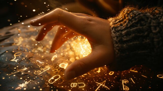 Witches hand conjured magic formula. Fantasy picture with ancient symbols 