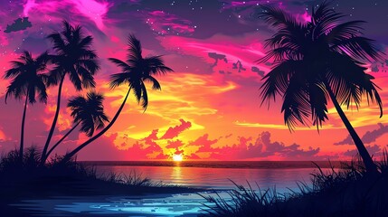 Vibrant summer sunset over sea with palm trees. Pink, purple, yellow and blue colors of sky and water create a beautiful tropical landscape.