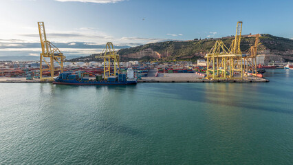 Aerial view of the sea cargo port and container terminal of Barcelona timelapse, Barcelona, Catalonia, Spain.