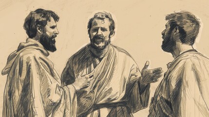 Fototapeta premium Biblical Illustration of Apostle James the Greater Preaching in Spain, Spreading Gospel Far and Wide on Beige Background with Copyspace