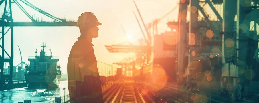 A man in a hard hat stands in front of a large ship. The scene is set in a harbor with a beautiful sunset in the background. The man is a worker, possibly a crane operator