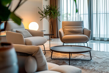 Fototapeta premium Modern light interior of cozy living room with white armchairs, large window and round table in minimalist style