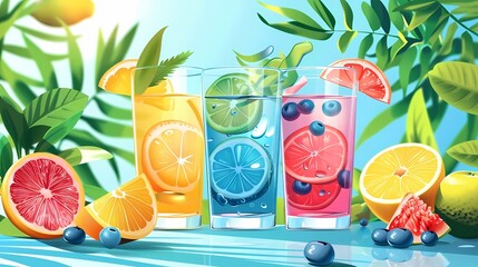 Fototapeta premium Flat design summer skincare tip with staying hydrated, drinking water, and refreshing summer beverage