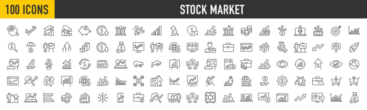 Set of 100 Stock Market web icons in line style. Investment, finance, table, bear, bull, stock exchange, profits, trading, growth ,collection. Vector illustration.