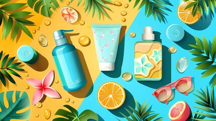 Flat design summer skincare tip with applying moisturizer, hydrating skin, and summer glow