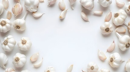 Obraz premium Elegant Border Frame of Fresh Garlic on White Background