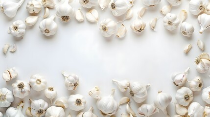Obraz premium Elegant Border Frame of Vibrant Garlic Bulbs on Pristine White Background