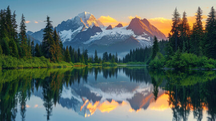 A serene mountain landscape with a tranquil alpine lake reflecting the snow-capped peaks and evergreen trees under a golden sunset sky. - Powered by Adobe