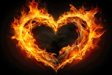 burning heart with fire flame isolated on black background