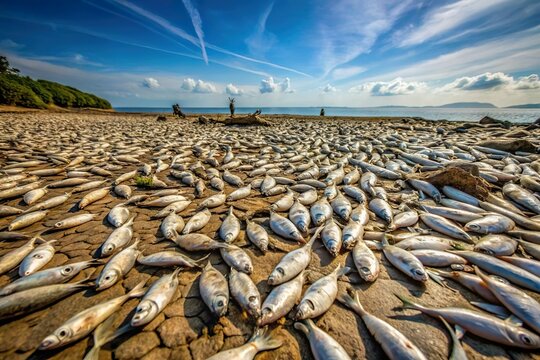 dying fish land on dried up sea. Sea environmental concern and issue