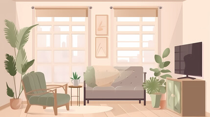 Living room interior. Comfortable sofa, window, chair and house plants. Paper cut style