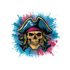 Frontal action shot of a colorful graffiti pirate skull with great detail vibrant colors and a white background