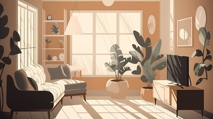 Living room interior. Comfortable sofa, window, chair and house plants. Paper cut style