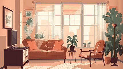 Living room interior. Comfortable sofa, window, chair and house plants. Paper cut style
