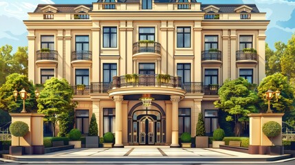 Obraz premium Create an image of an elegant hotel building with luxurious design features and an inviting entrance, representing hospitality and comfort.