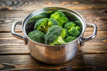 green broccoli vegetable in steel cooking pot on wooden table
