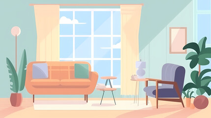 Living room interior. Comfortable sofa, window, chair and house plants. Paper cut style