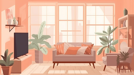 Living room interior. Comfortable sofa, window, chair and house plants. Paper cut style