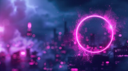 Obraz premium Neon pink lightning circle on dark blurred urban and tropical plant background AI generative showcase display advertising campaign
