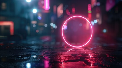 Neon pink lightning circle on dark blurred urban and tropical plant background AI generative showcase display advertising campaign