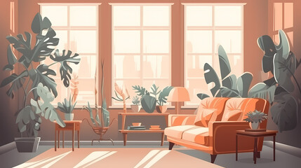 Living room interior. Comfortable sofa, window, chair and house plants. Paper cut style
