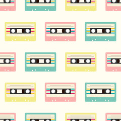 Music cassettes retro seamless pattern 90s style