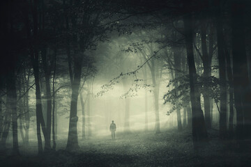 surreal dark forest with man silhouette