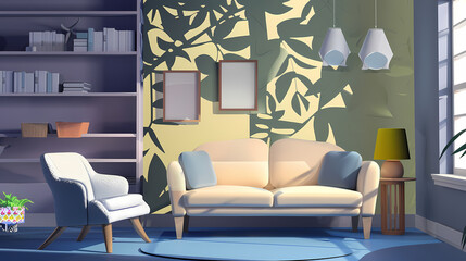 Living room interior. Comfortable sofa, window, chair and house plants. Paper cut style