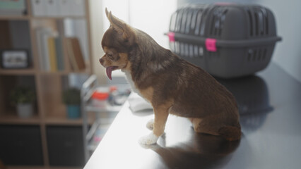 A chihuahua dog with its tongue out sits on a counter at home, with a pet carrier in the background, emphasizing a veterinary visit setting.