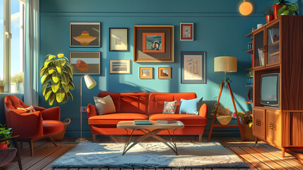 Living room interior. Comfortable sofa, window, chair and house plants. Paper cut style