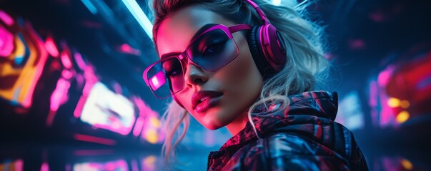 Fototapeta premium Stylish woman wearing sunglasses and headphones in a futuristic neon-lit environment, embodying modern, vibrant and urban fashion.