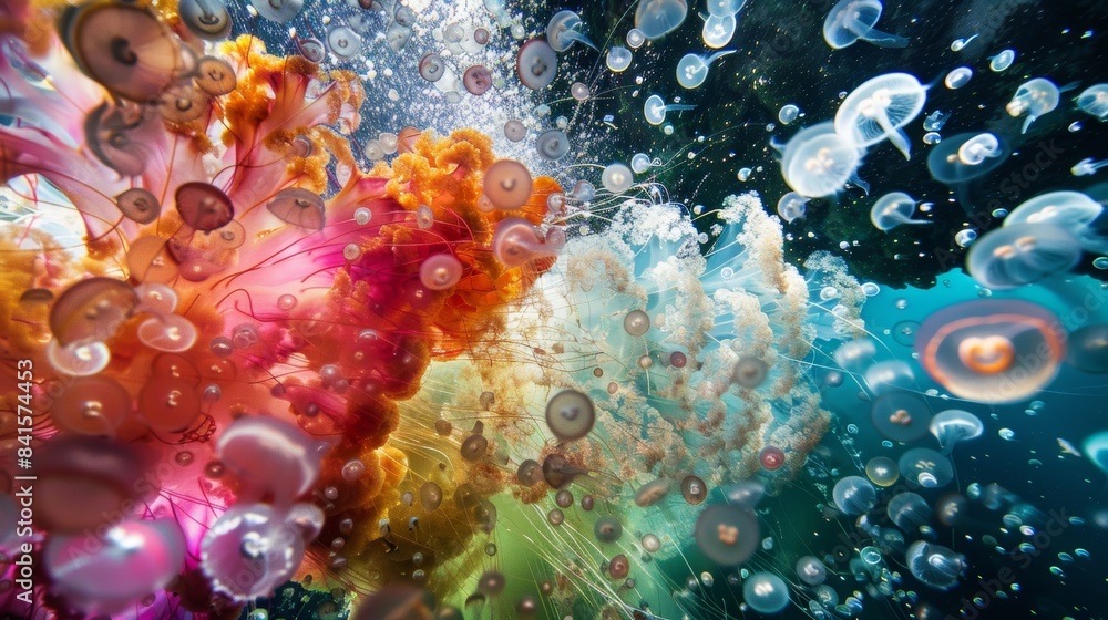 Aufkleber a divers view of a jellyfish bloom surrounded by a kaleidoscope of color and movement.