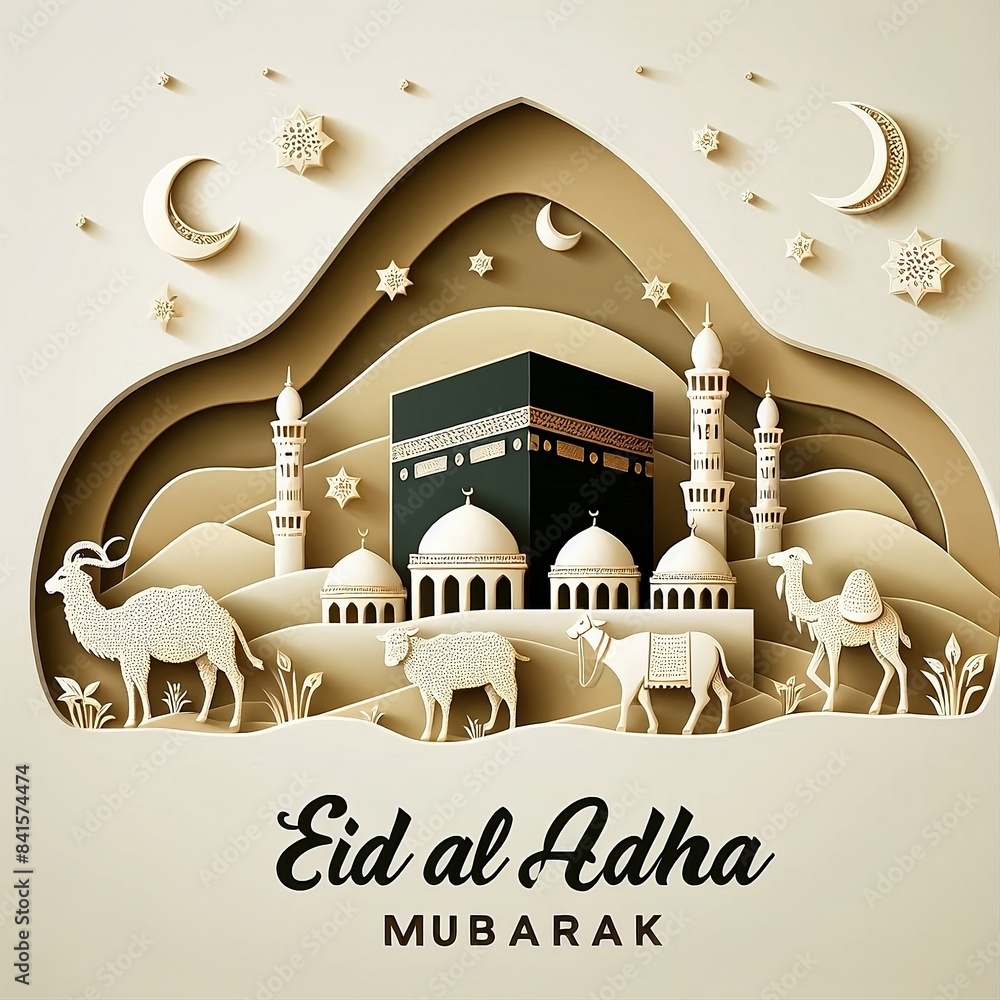 Canvas Prints Eid Al-Adha Mubarak calligraphy background with vector illustration kaaba silhouette. Eid mubarak islamic greeting card, islamic festival of sacrifice, eid-al-adha mubarak, Happy Eid Ul Adha 