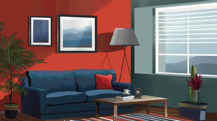 Living room interior. Comfortable sofa, window, chair and house plants. 
