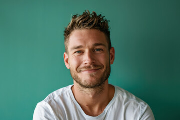 A close up portrait of a young man with a subtle smile
