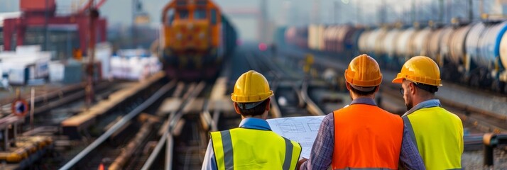 A group of railway engineers with blueprints, confidently overlooking a bustling train yard