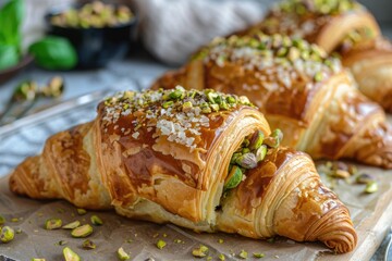 Fresh Pistachio Croissants on Parchment Paper - Gourmet Breakfast Pastries